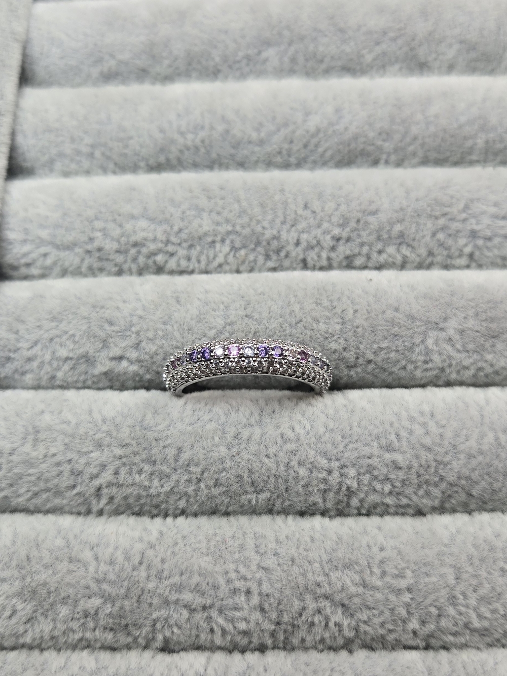 Size 6 Half Eternity Amethyst Rhodium Plated Bomb Party Ring